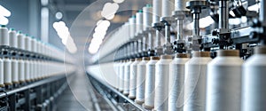 Industrial Textile Production Line with Spools of Thread and Light.