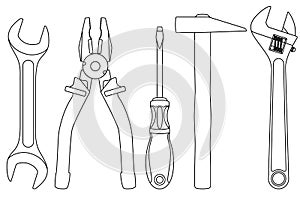 Industrial tools kit - spanner, pliers, screwdriver, hammer, adjustable wrench. Outline drawing