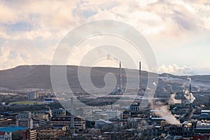 Industrial town chimney factory sunset, Usti nad Labem