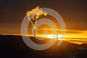 Industrial town chimney factory sunset, Usti nad Labem, Czechia