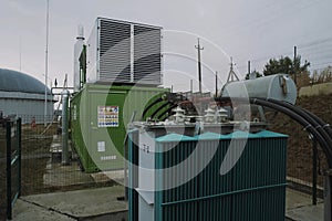 Industrial transformer at plant. An electrical substation