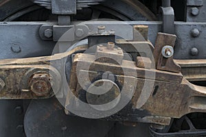 Industrial or transportation or steam punk vintage background with detail of old rusty steam locomotive