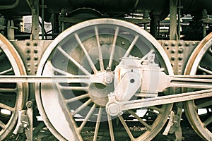 Industrial or transportation or steam punk vintage background with detail of old rusty steam locomotive