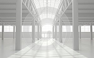 Industrial urban interior of an empty warehouse in monochrome white color. Large loft-style factory building. 3D rendering.