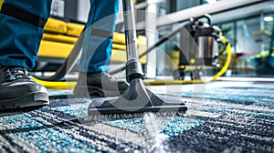 Industrial vacuum cleaner used by professional cleaners on office carpet. Expert rug care in an office environment
