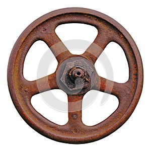 Industrial Valve Wheel And Rusty Stem, Old Aged Weathered Rust Grunge Latch, Large Detailed Macro Closeup Isolated