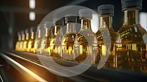 industrial vegetable oil production and bottles filled with sunflower oil , generated ai image