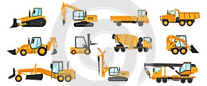 Industrial vehicles. Cartoon construction trucks and heavy machinery. Bulldozer and excavator. Building crane or loader