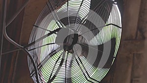 Industrial ventilators close-up. Air circulation system in a factory close-up. Rotation of large fans in a factory