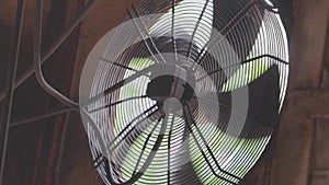 Industrial ventilators close-up. Air circulation system in a factory close-up. Rotation of large fans in a factory