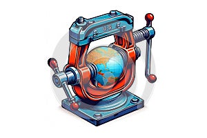 Industrial vice with the inscription US squeezes the globe. Concept of hegemony and domination