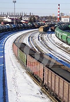 Industrial view with lot of freight railway trains waggons