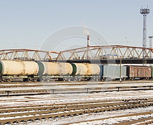 Industrial view with lot of freight railway trains waggons