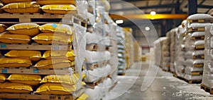 Industrial Warehouse Interior with Stacks of Pallets Full of Packaged Goods. Storage Facility Scene. Logistic and