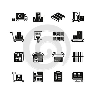 Industrial warehouse, logistics and distribution management vector icons