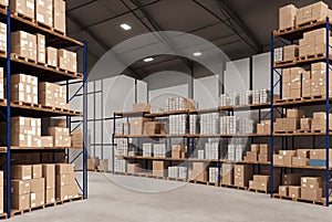 Industrial warehouse, racks with boxes. Generative AI