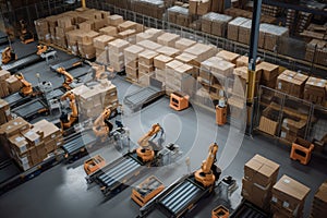industrial warehouse, with robots working in unison to sort and pack products