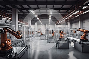 industrial warehouse, with robots working in unison to sort and pack products