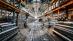 Industrial warehouse with steel pipes and forklift in operation