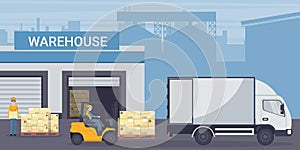 Industrial warehouse for the storage of products with racks with stacked boxes. Worker driving forklift loading pallets a