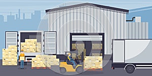 Industrial warehouse for the storage of products with racks with stacked boxes. Worker driving forklift loading pallets a