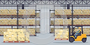 Industrial warehouse for the storage products and racks with stacked boxes. Worker driving forklift loading pallets. Industrial