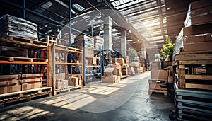 Industrial warehouse storage and shelves with cardboard boxes in an industrial background