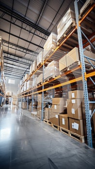Industrial warehouse storing various packaged goods on shelving. Concept of commercial storage, logistics operations