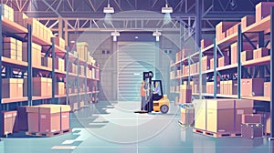 In an industrial warehouse, a worker on a forklift, a man and a robot are holding cardboard boxes. Modern illustration