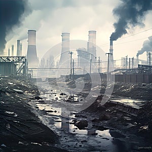 Industrial waste and pollution. Power station with pipes and smoke stack, dirty industrial landscape