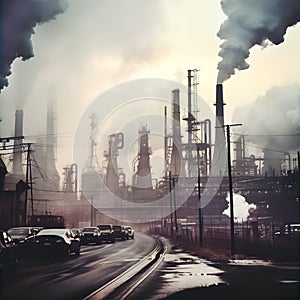 Industrial waste and pollution. Power station with pipes and smoke stack, dirty industrial landscape