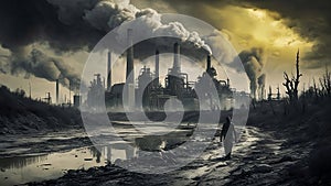 Industrial wasteland with polluted river, thick smoke, and desolation
