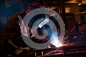 Industrial welder in protective gear, illuminated by glow of their welding torch as they work on a metal. Generative AI