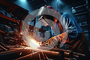 Industrial welder with torch in the factory
