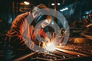 Industrial welder with torch and protective helmet