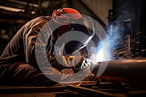 Industrial welder wearing a welding helmet and gloves, holding a welding torch, with sparks flying. Generative AI