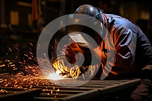 Industrial welder working on a metal structure with sparks flying