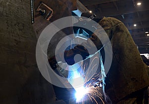 Industrial welders, industrial steel pipe parts, welding workers, steel workpieces