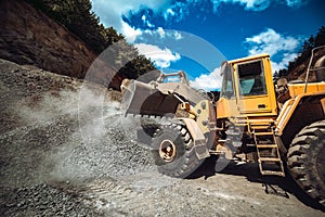 Industrial wheel loader working on construction site.