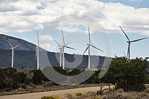 Industrial windmills create a wind farm in the landscape.