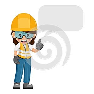 Industrial woman worker with his personal protective equipment with dialog box vignette with copy space for text for advertising,