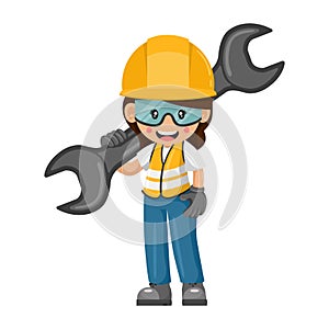 Industrial women worker with mechanic\'s wrench. Industrial safet