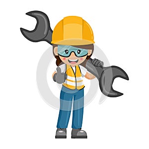 Industrial women worker with mechanical wrench with thumbs up. Concept of repair, preventive maintenance and technical support.