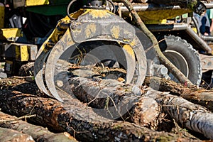 Industrial wood chipper in action
