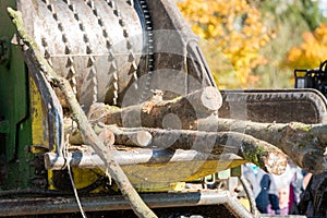 Industrial wood chipper in action