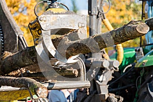 Industrial wood chipper in action