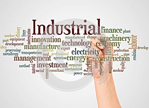 Industrial word cloud and hand with marker concept