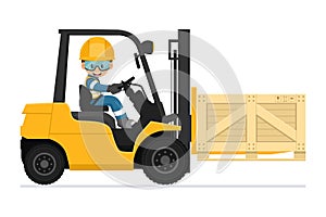 Industrial worker carefully driving a forklift. Yellow fork lift truck transporting a wooden box packaging pallet to a warehouse.