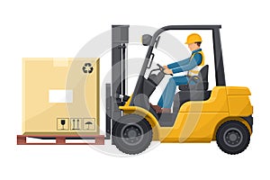 Industrial worker carefully driving a forklift. Yellow lift truck transporting a box packing pallet to a warehouse. Industrial