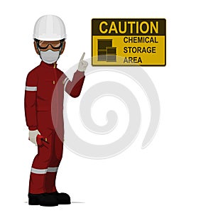 An industrial worker with chemical PPE on white background